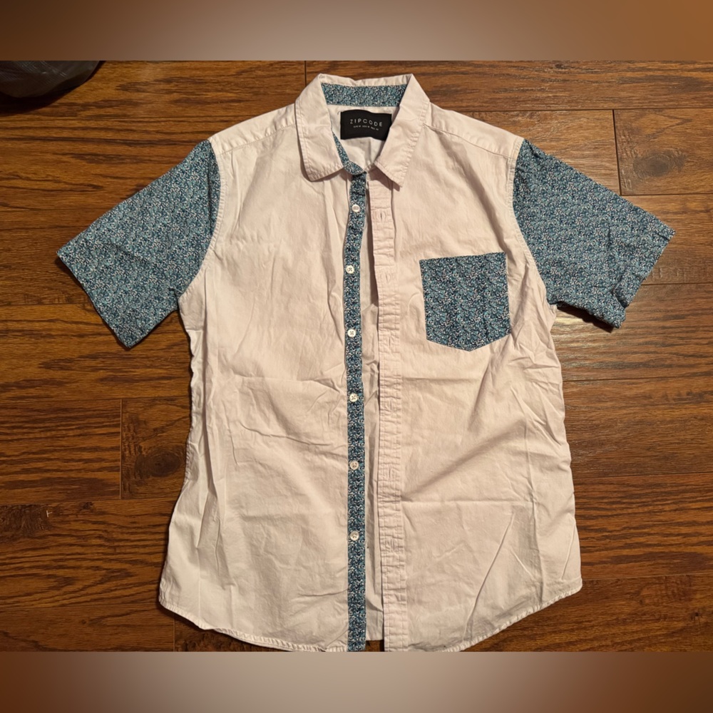 Zip code button up short sleeve shirt